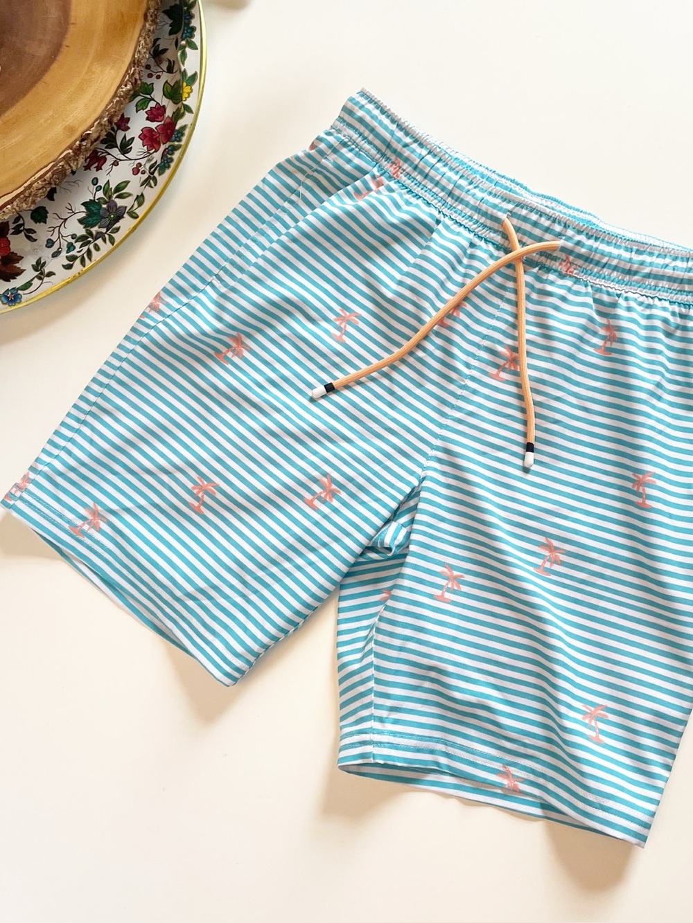 Surfcuz Swim Trunks Shorts | Blue stripe / Peach Palmtree | 14/16